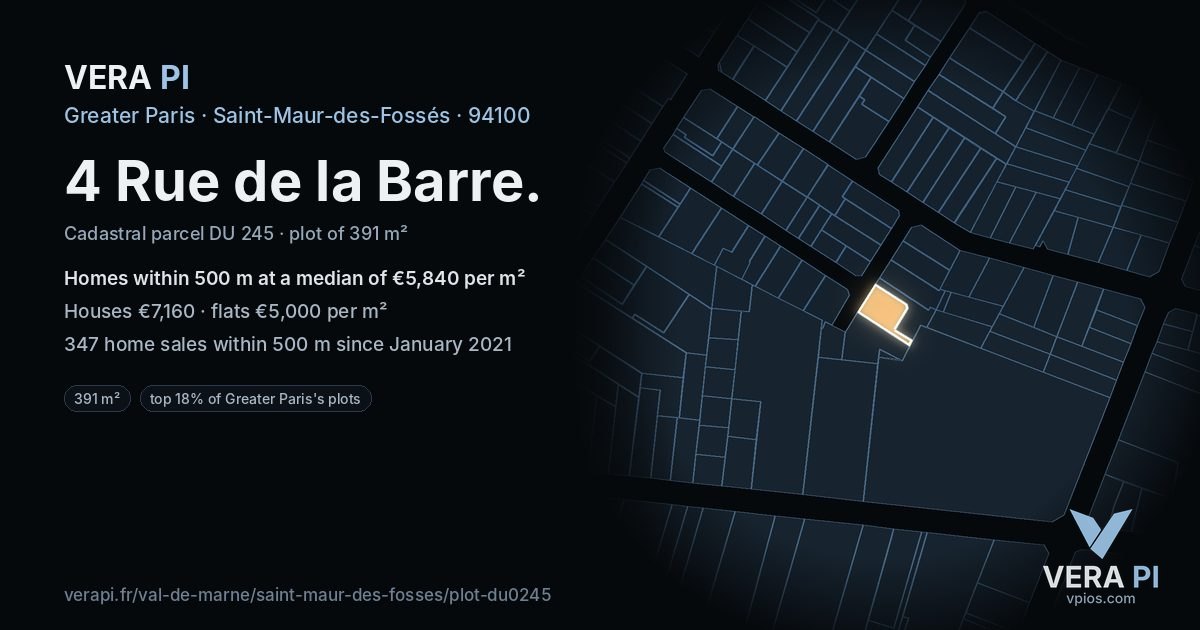 4 Rue de la Barre, Saint-Maur-des-Fossés at night – the plot lit, the parcels around coloured by the prices near them