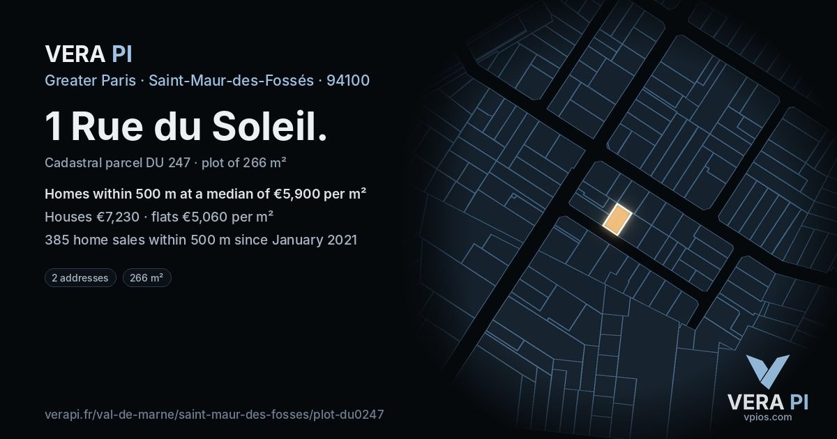 1 Rue du Soleil, Saint-Maur-des-Fossés at night – the plot lit, the parcels around coloured by the prices near them