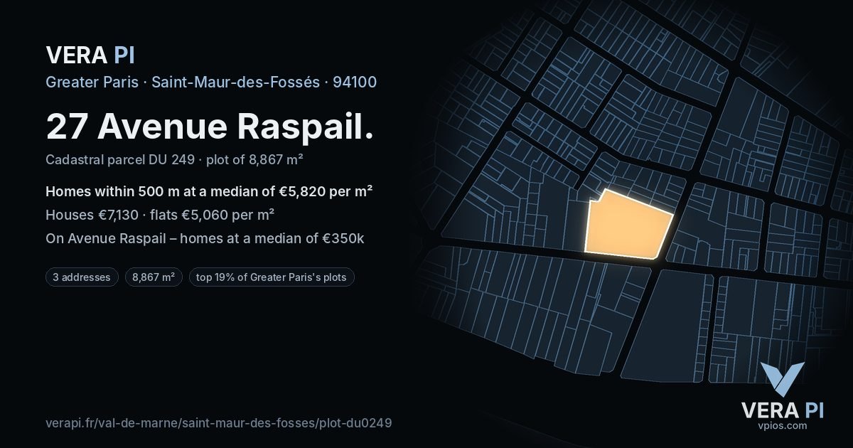 27 Avenue Raspail, Saint-Maur-des-Fossés at night – the plot lit, the parcels around coloured by the prices near them