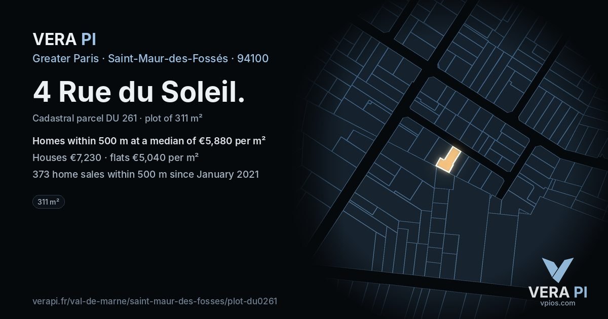 4 Rue du Soleil, Saint-Maur-des-Fossés at night – the plot lit, the parcels around coloured by the prices near them