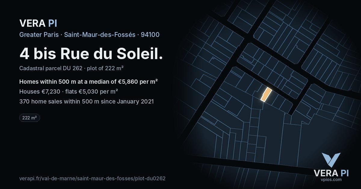4 bis Rue du Soleil, Saint-Maur-des-Fossés at night – the plot lit, the parcels around coloured by the prices near them