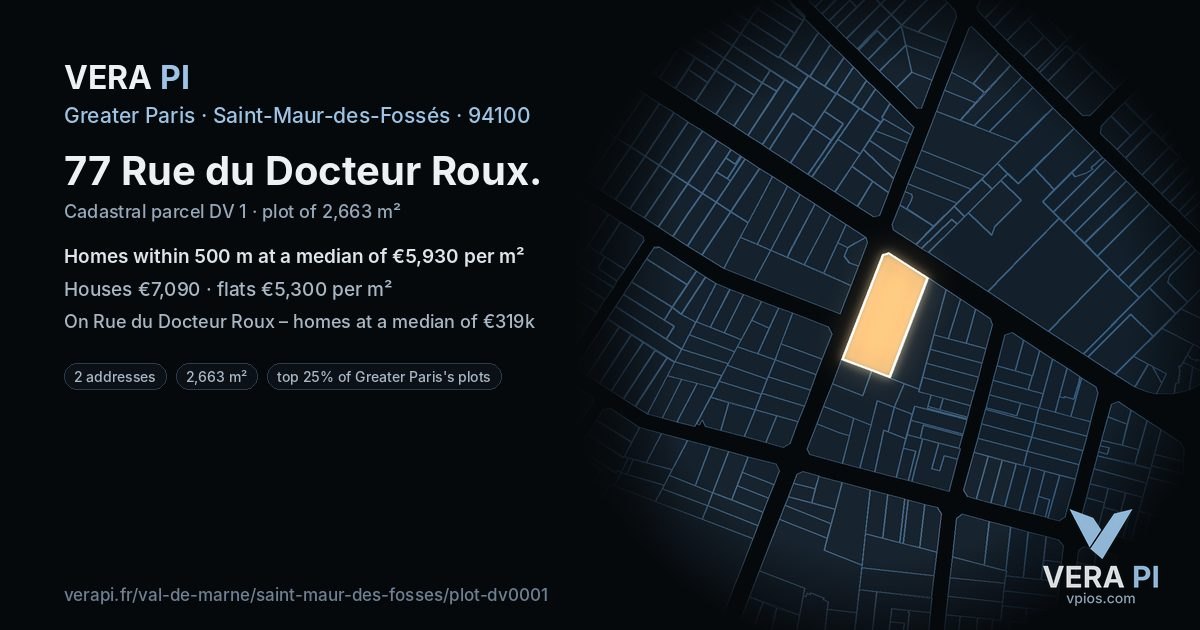 77 Rue du Docteur Roux, Saint-Maur-des-Fossés at night – the plot lit, the parcels around coloured by the prices near them