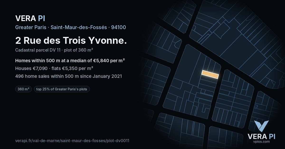 2 Rue des Trois Yvonne, Saint-Maur-des-Fossés at night – the plot lit, the parcels around coloured by the prices near them