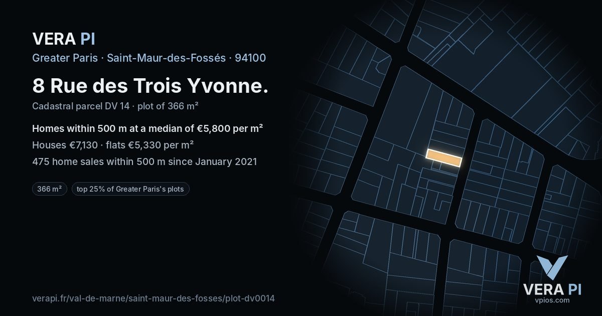 8 Rue des Trois Yvonne, Saint-Maur-des-Fossés at night – the plot lit, the parcels around coloured by the prices near them
