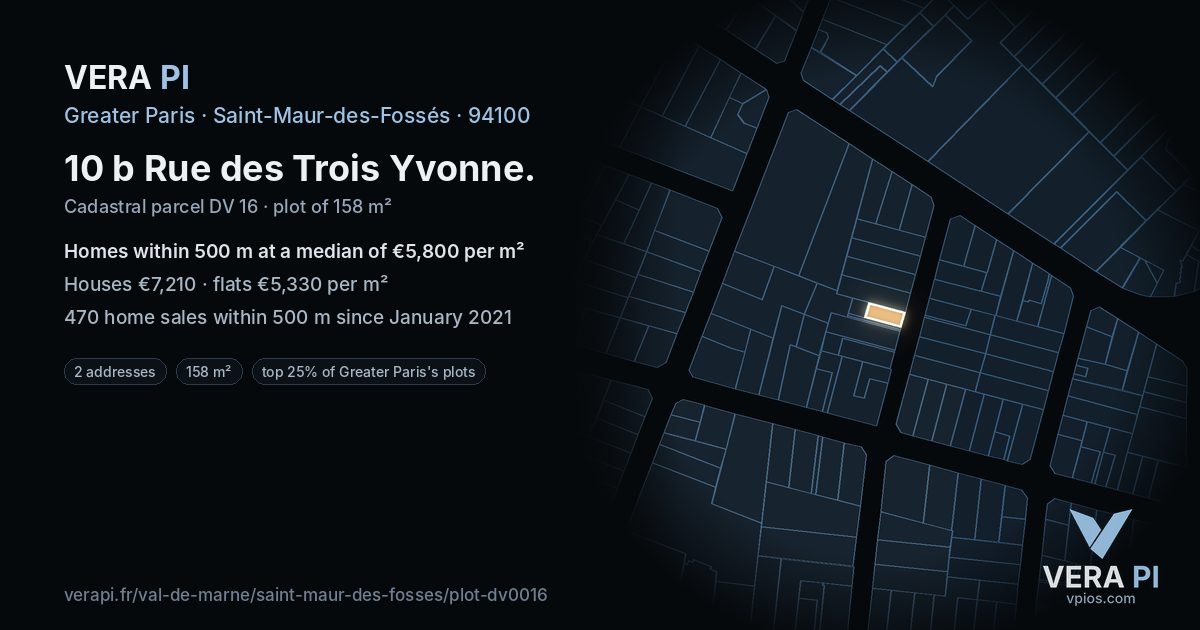 10 b Rue des Trois Yvonne, Saint-Maur-des-Fossés at night – the plot lit, the parcels around coloured by the prices near them