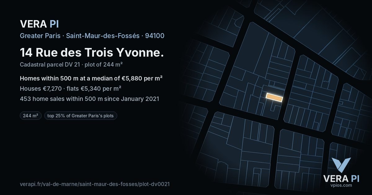 14 Rue des Trois Yvonne, Saint-Maur-des-Fossés at night – the plot lit, the parcels around coloured by the prices near them