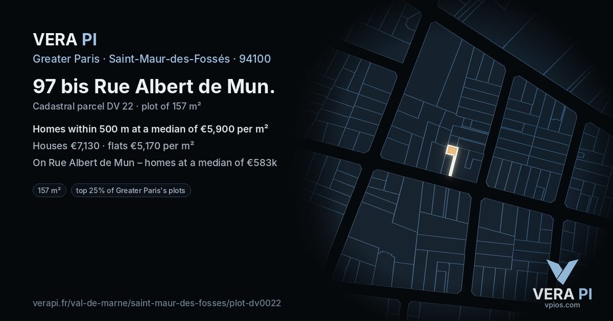 97 bis Rue Albert de Mun, Saint-Maur-des-Fossés at night – the plot lit, the parcels around coloured by the prices near them