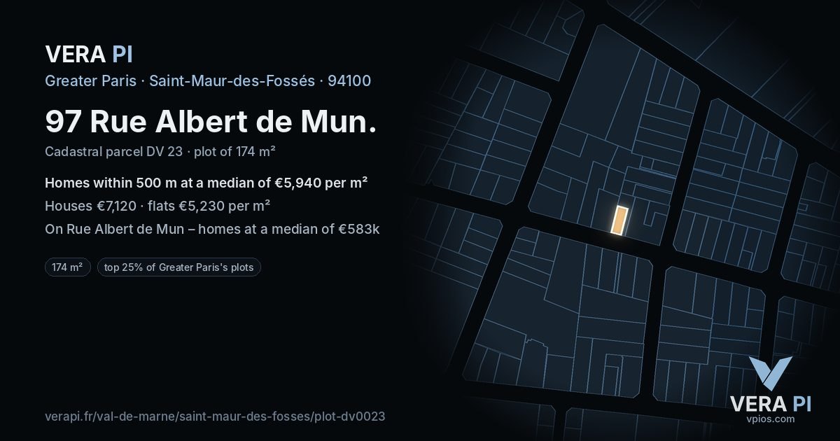 97 Rue Albert de Mun, Saint-Maur-des-Fossés at night – the plot lit, the parcels around coloured by the prices near them