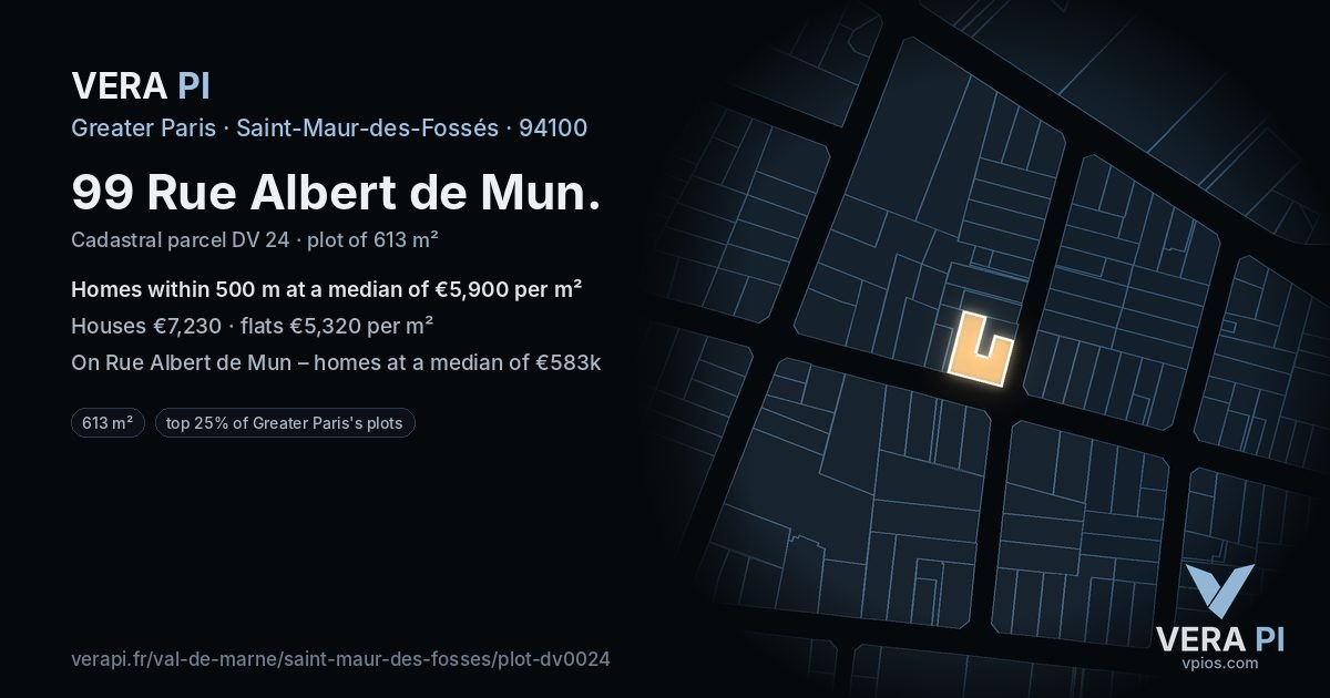 99 Rue Albert de Mun, Saint-Maur-des-Fossés at night – the plot lit, the parcels around coloured by the prices near them
