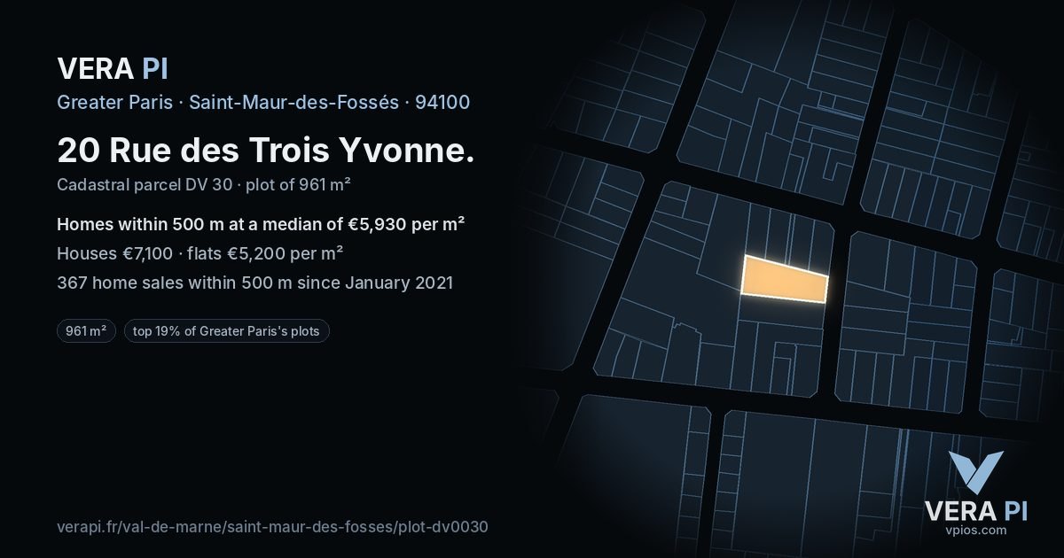 20 Rue des Trois Yvonne, Saint-Maur-des-Fossés at night – the plot lit, the parcels around coloured by the prices near them