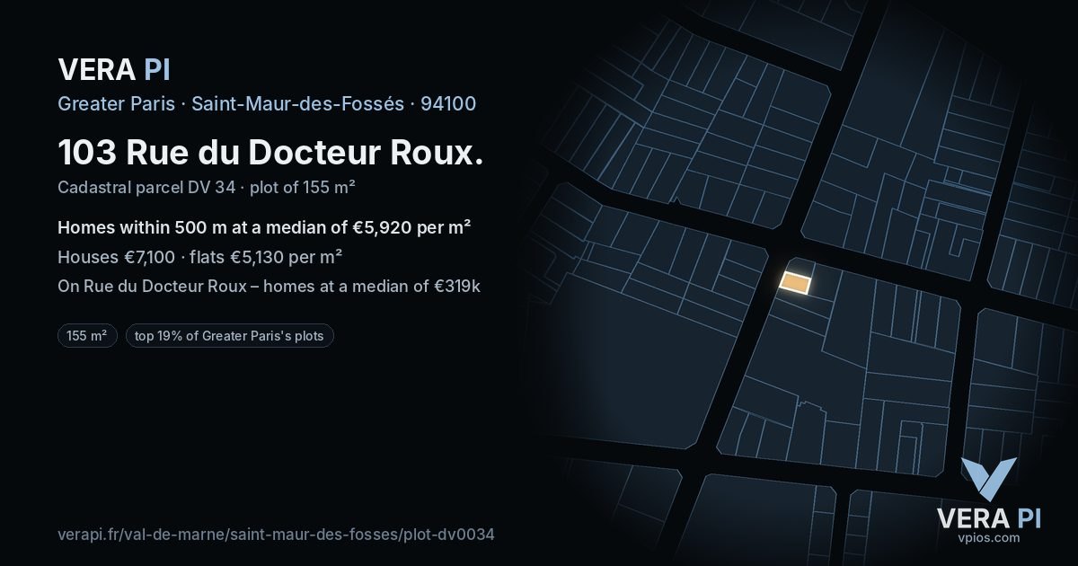103 Rue du Docteur Roux, Saint-Maur-des-Fossés at night – the plot lit, the parcels around coloured by the prices near them