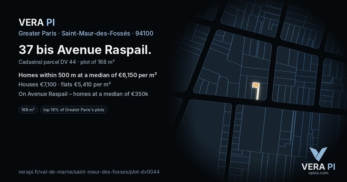 37 bis Avenue Raspail, Saint-Maur-des-Fossés at night – the plot lit, the parcels around coloured by the prices near them