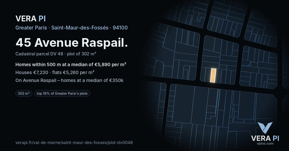 45 Avenue Raspail, Saint-Maur-des-Fossés at night – the plot lit, the parcels around coloured by the prices near them