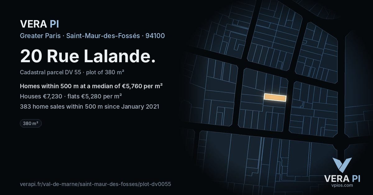20 Rue Lalande, Saint-Maur-des-Fossés at night – the plot lit, the parcels around coloured by the prices near them