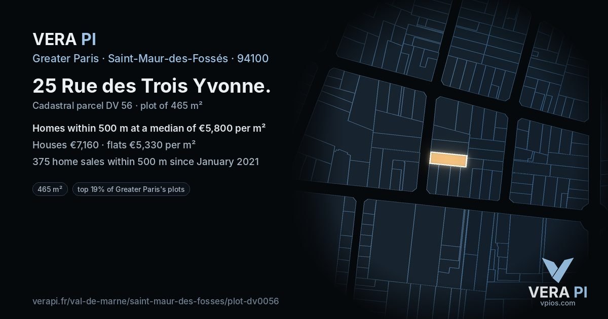 25 Rue des Trois Yvonne, Saint-Maur-des-Fossés at night – the plot lit, the parcels around coloured by the prices near them