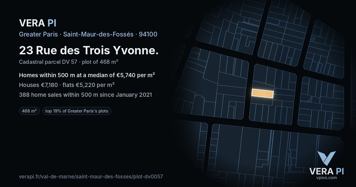 23 Rue des Trois Yvonne, Saint-Maur-des-Fossés at night – the plot lit, the parcels around coloured by the prices near them