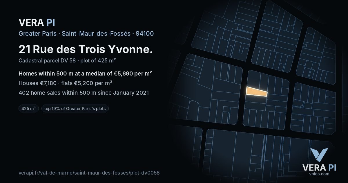 21 Rue des Trois Yvonne, Saint-Maur-des-Fossés at night – the plot lit, the parcels around coloured by the prices near them