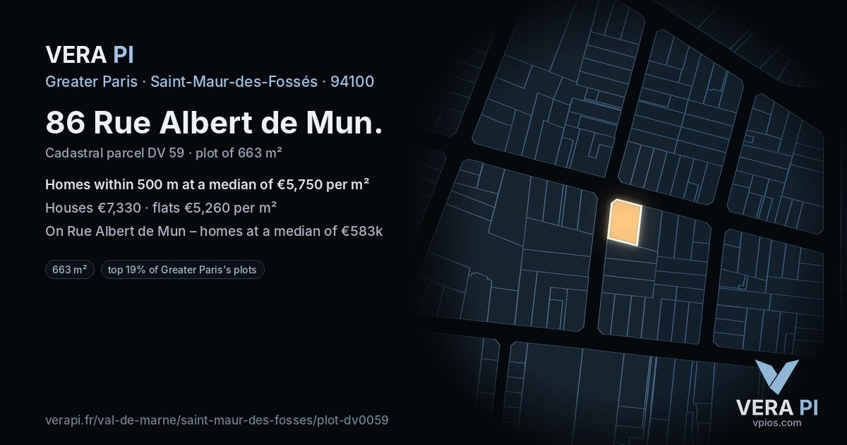 86 Rue Albert de Mun, Saint-Maur-des-Fossés at night – the plot lit, the parcels around coloured by the prices near them