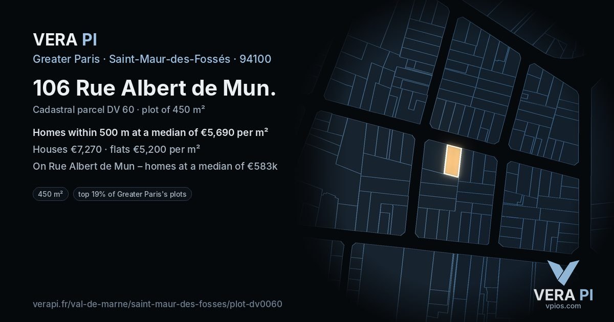 106 Rue Albert de Mun, Saint-Maur-des-Fossés at night – the plot lit, the parcels around coloured by the prices near them
