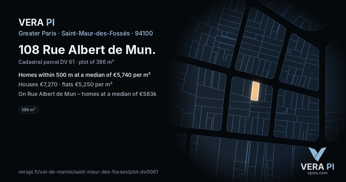 108 Rue Albert de Mun, Saint-Maur-des-Fossés at night – the plot lit, the parcels around coloured by the prices near them