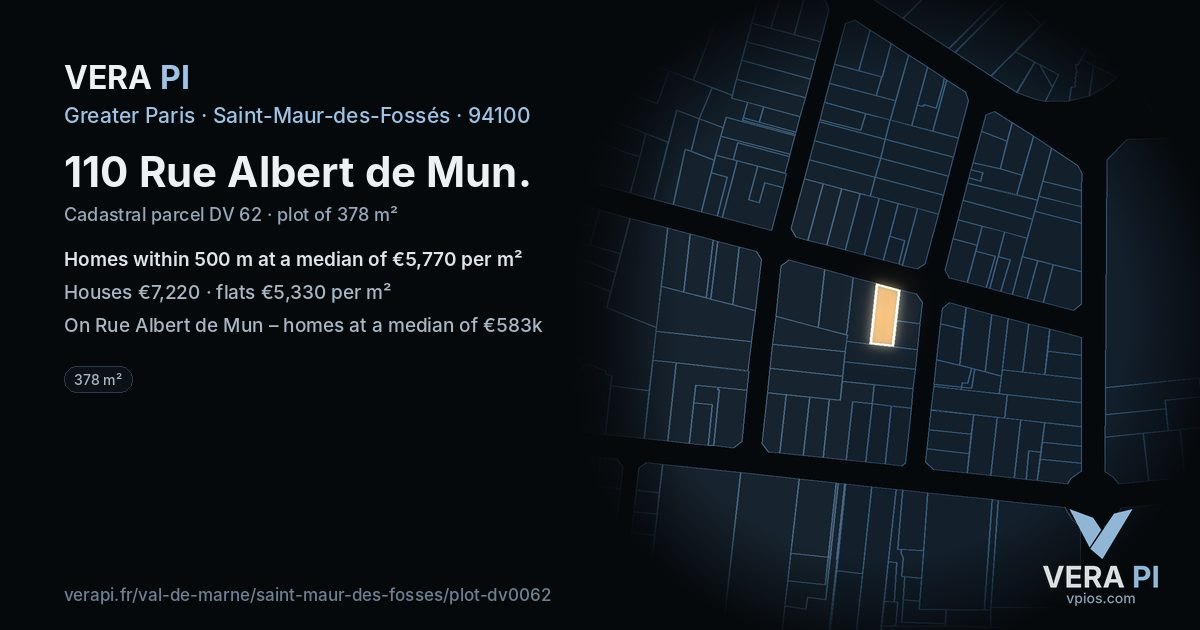 110 Rue Albert de Mun, Saint-Maur-des-Fossés at night – the plot lit, the parcels around coloured by the prices near them