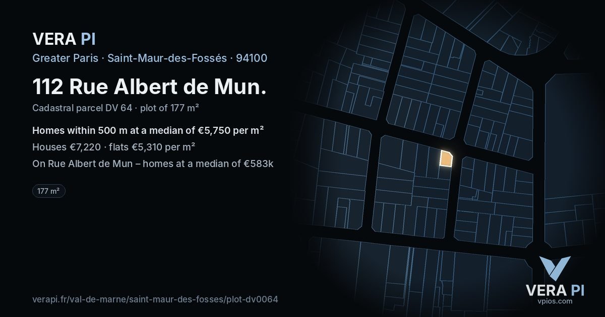 112 Rue Albert de Mun, Saint-Maur-des-Fossés at night – the plot lit, the parcels around coloured by the prices near them