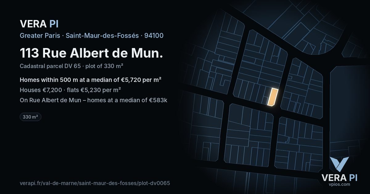 113 Rue Albert de Mun, Saint-Maur-des-Fossés at night – the plot lit, the parcels around coloured by the prices near them