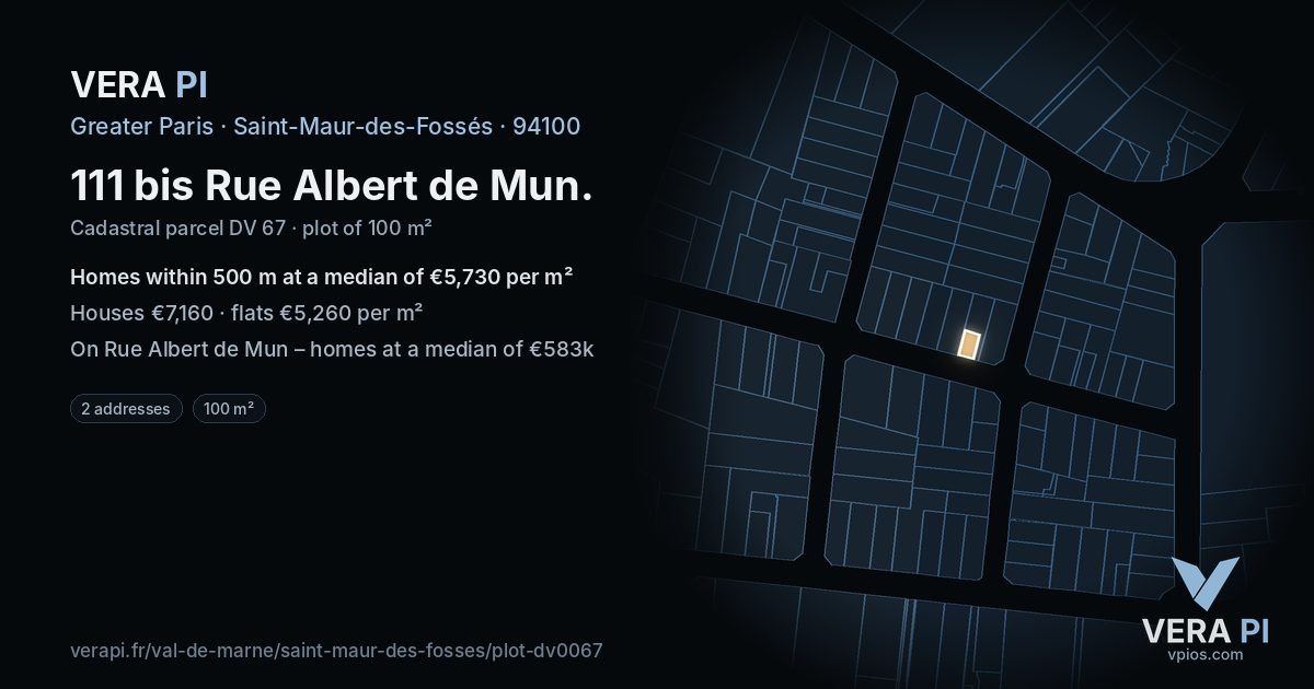 111 bis Rue Albert de Mun, Saint-Maur-des-Fossés at night – the plot lit, the parcels around coloured by the prices near them