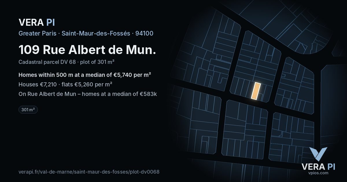109 Rue Albert de Mun, Saint-Maur-des-Fossés at night – the plot lit, the parcels around coloured by the prices near them