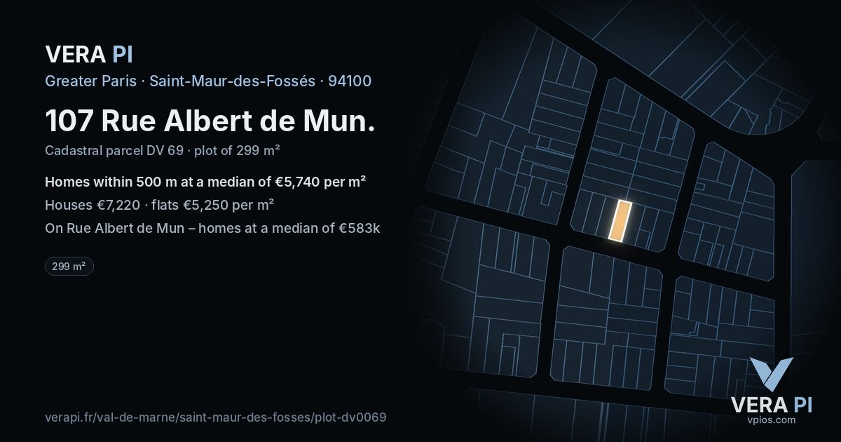 107 Rue Albert de Mun, Saint-Maur-des-Fossés at night – the plot lit, the parcels around coloured by the prices near them
