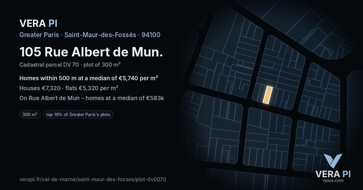 105 Rue Albert de Mun, Saint-Maur-des-Fossés at night – the plot lit, the parcels around coloured by the prices near them