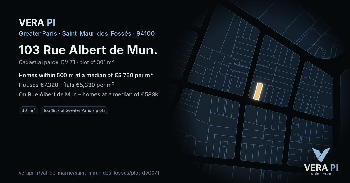 103 Rue Albert de Mun, Saint-Maur-des-Fossés at night – the plot lit, the parcels around coloured by the prices near them