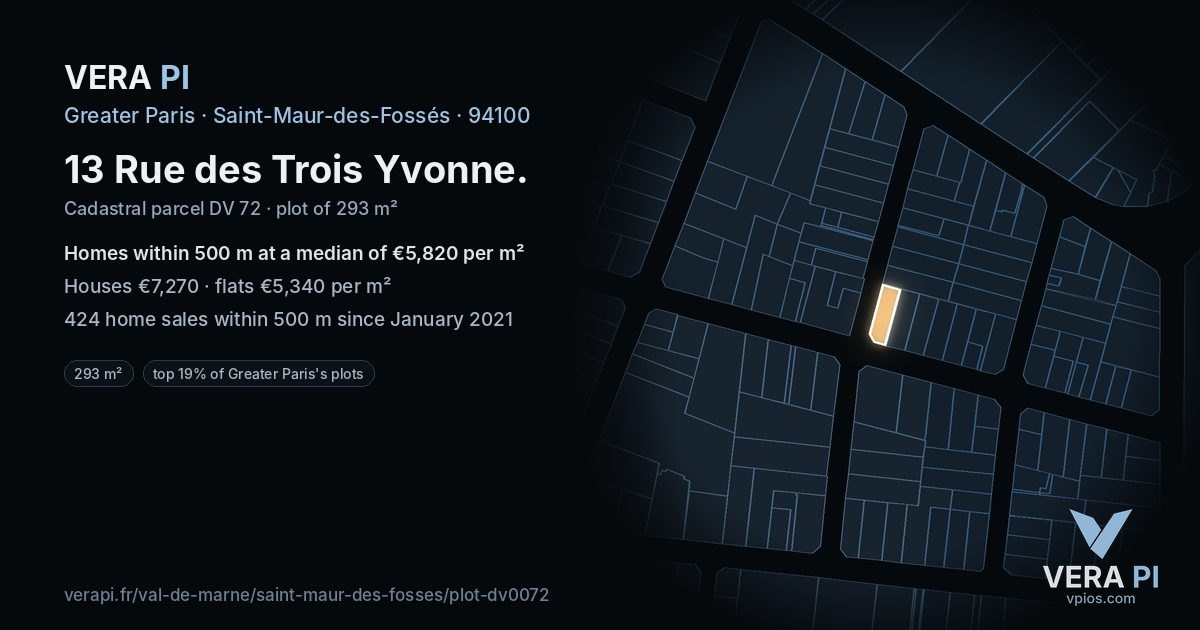 13 Rue des Trois Yvonne, Saint-Maur-des-Fossés at night – the plot lit, the parcels around coloured by the prices near them