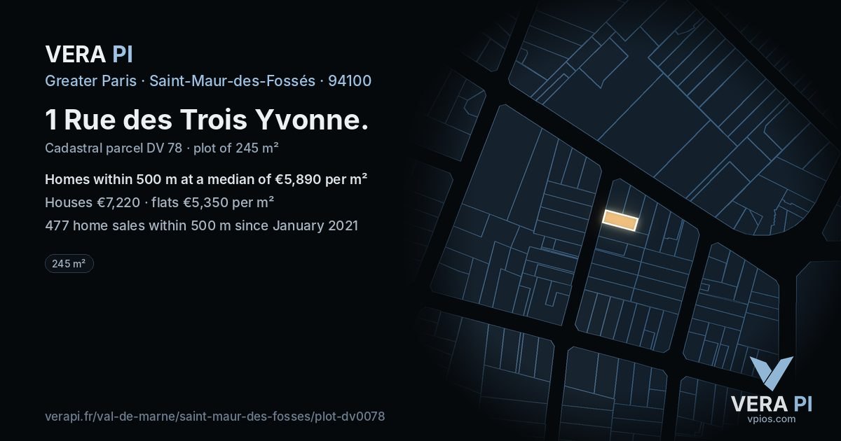 1 Rue des Trois Yvonne, Saint-Maur-des-Fossés at night – the plot lit, the parcels around coloured by the prices near them