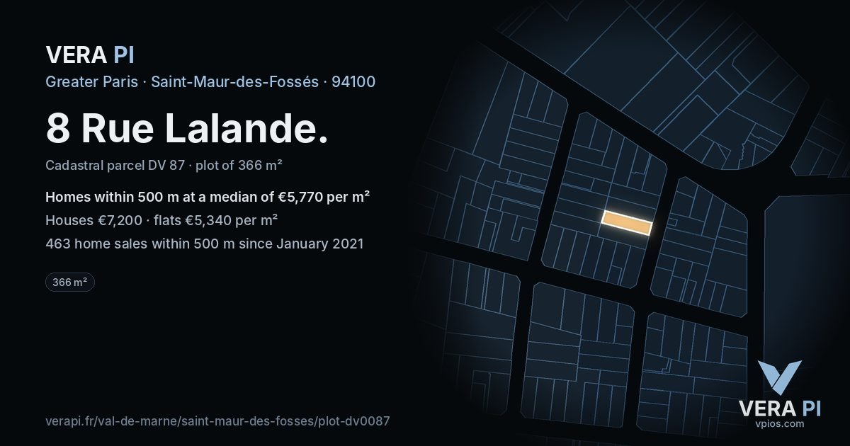 8 Rue Lalande, Saint-Maur-des-Fossés at night – the plot lit, the parcels around coloured by the prices near them