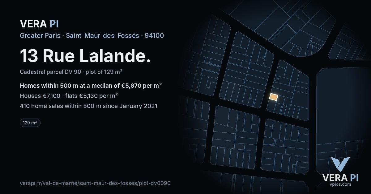 13 Rue Lalande, Saint-Maur-des-Fossés at night – the plot lit, the parcels around coloured by the prices near them