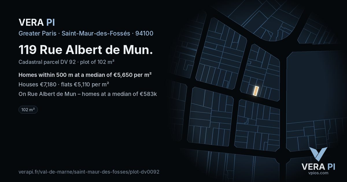 119 Rue Albert de Mun, Saint-Maur-des-Fossés at night – the plot lit, the parcels around coloured by the prices near them