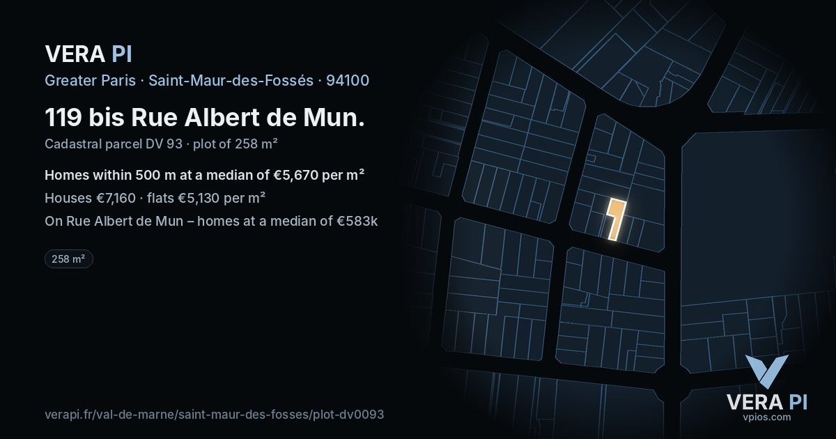 119 bis Rue Albert de Mun, Saint-Maur-des-Fossés at night – the plot lit, the parcels around coloured by the prices near them