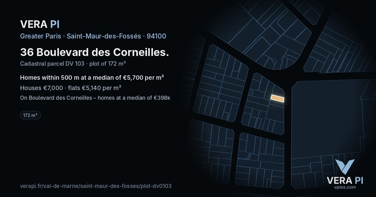 36 Boulevard des Corneilles, Saint-Maur-des-Fossés at night – the plot lit, the parcels around coloured by the prices near them