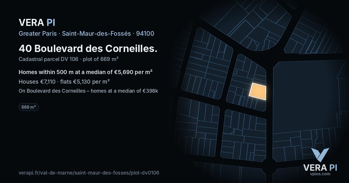 40 Boulevard des Corneilles, Saint-Maur-des-Fossés at night – the plot lit, the parcels around coloured by the prices near them