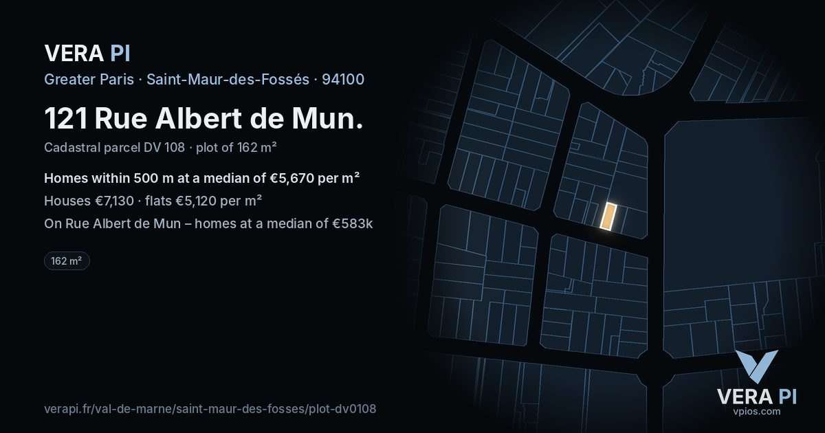 121 Rue Albert de Mun, Saint-Maur-des-Fossés at night – the plot lit, the parcels around coloured by the prices near them