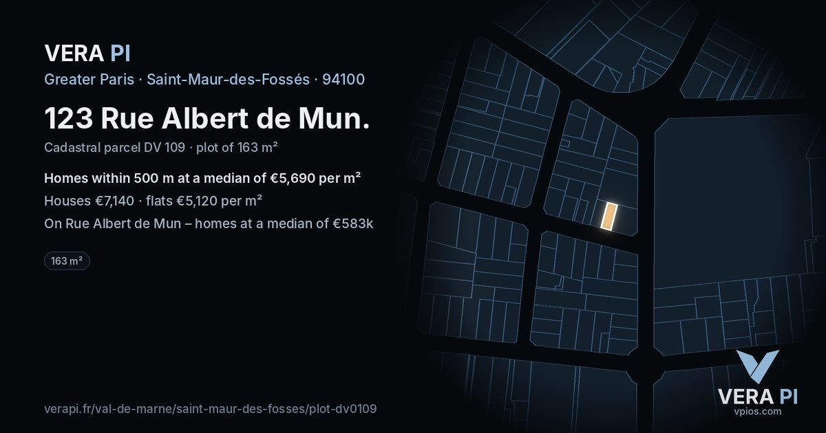 123 Rue Albert de Mun, Saint-Maur-des-Fossés at night – the plot lit, the parcels around coloured by the prices near them