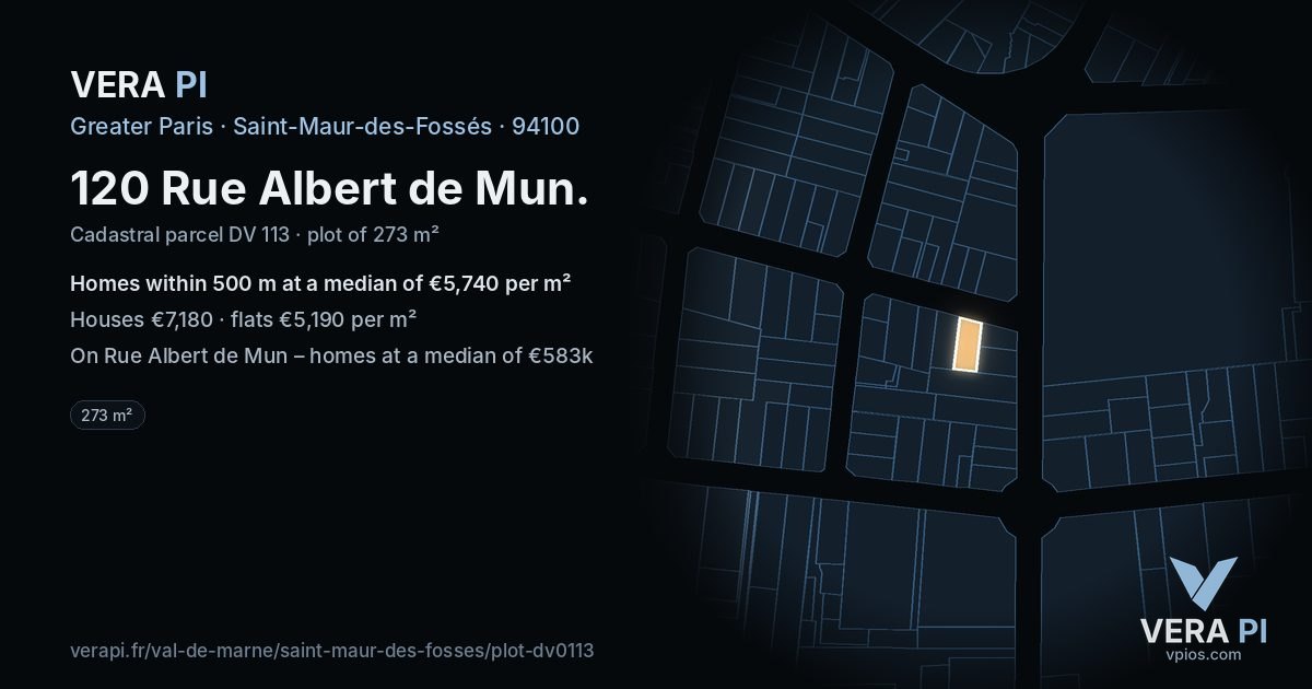 120 Rue Albert de Mun, Saint-Maur-des-Fossés at night – the plot lit, the parcels around coloured by the prices near them
