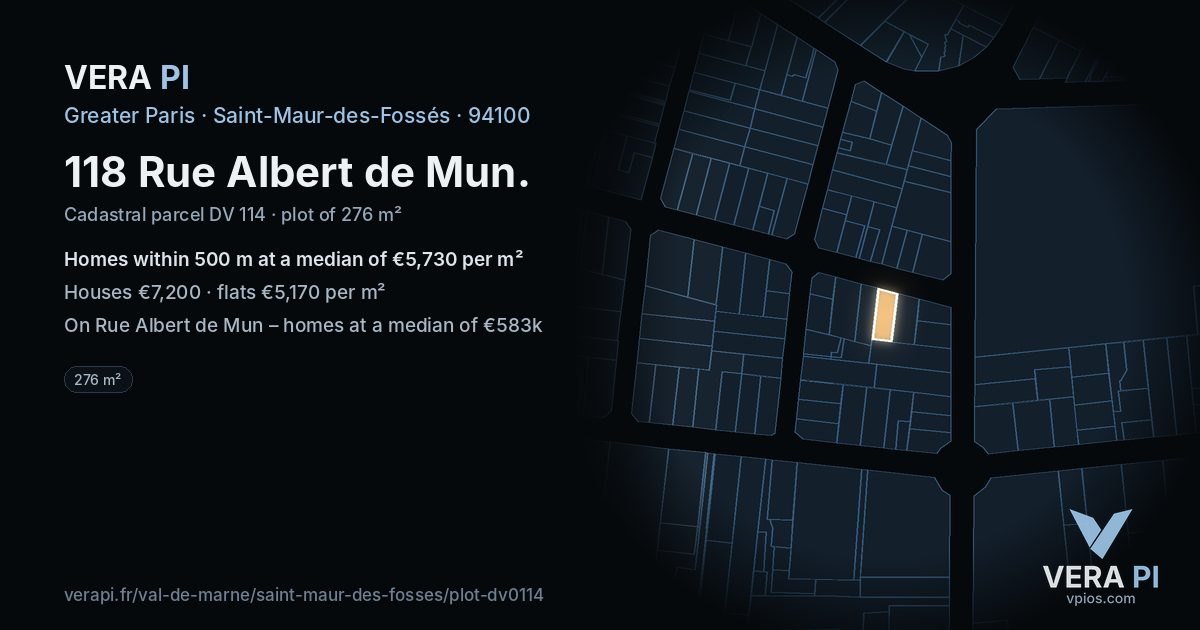 118 Rue Albert de Mun, Saint-Maur-des-Fossés at night – the plot lit, the parcels around coloured by the prices near them