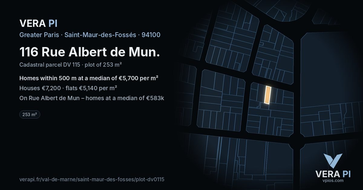 116 Rue Albert de Mun, Saint-Maur-des-Fossés at night – the plot lit, the parcels around coloured by the prices near them