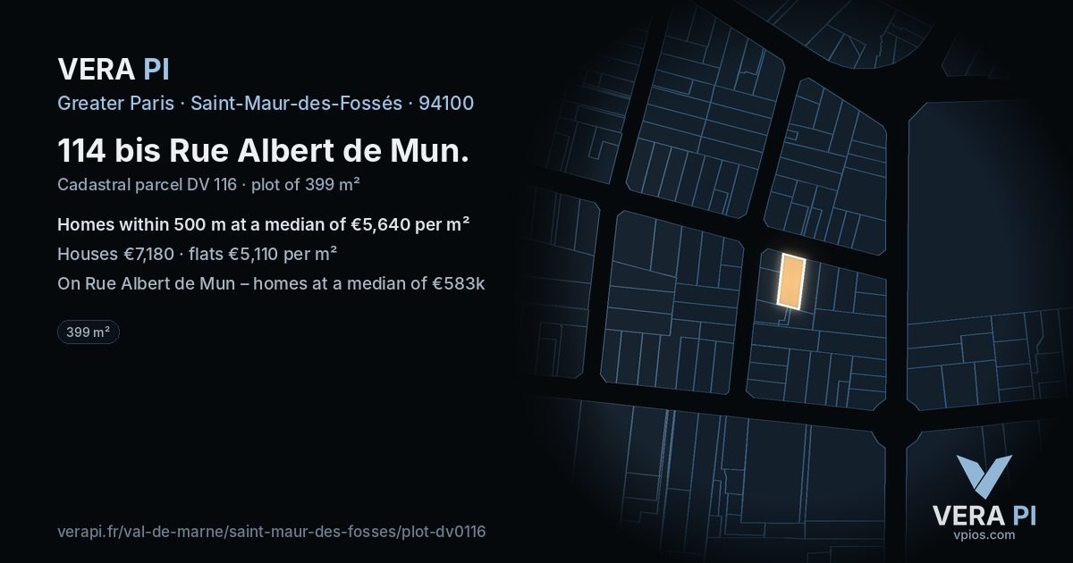 114 bis Rue Albert de Mun, Saint-Maur-des-Fossés at night – the plot lit, the parcels around coloured by the prices near them