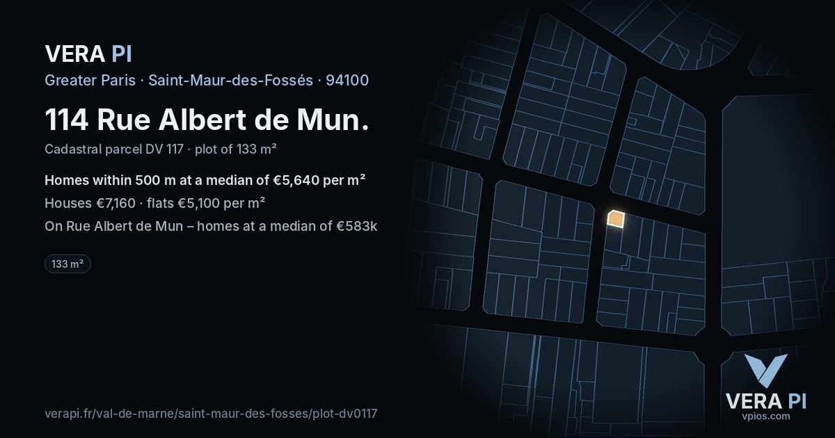 114 Rue Albert de Mun, Saint-Maur-des-Fossés at night – the plot lit, the parcels around coloured by the prices near them