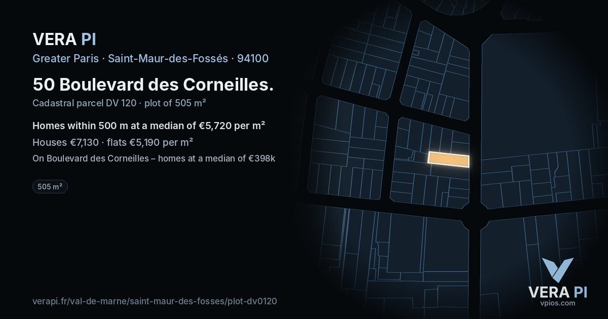 50 Boulevard des Corneilles, Saint-Maur-des-Fossés at night – the plot lit, the parcels around coloured by the prices near them