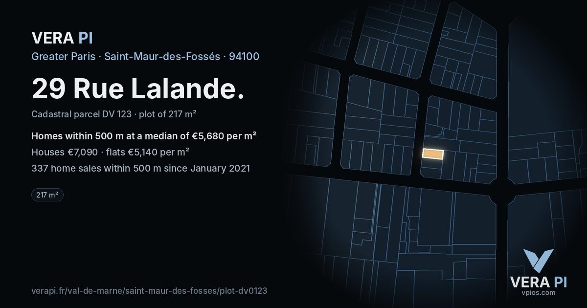 29 Rue Lalande, Saint-Maur-des-Fossés at night – the plot lit, the parcels around coloured by the prices near them