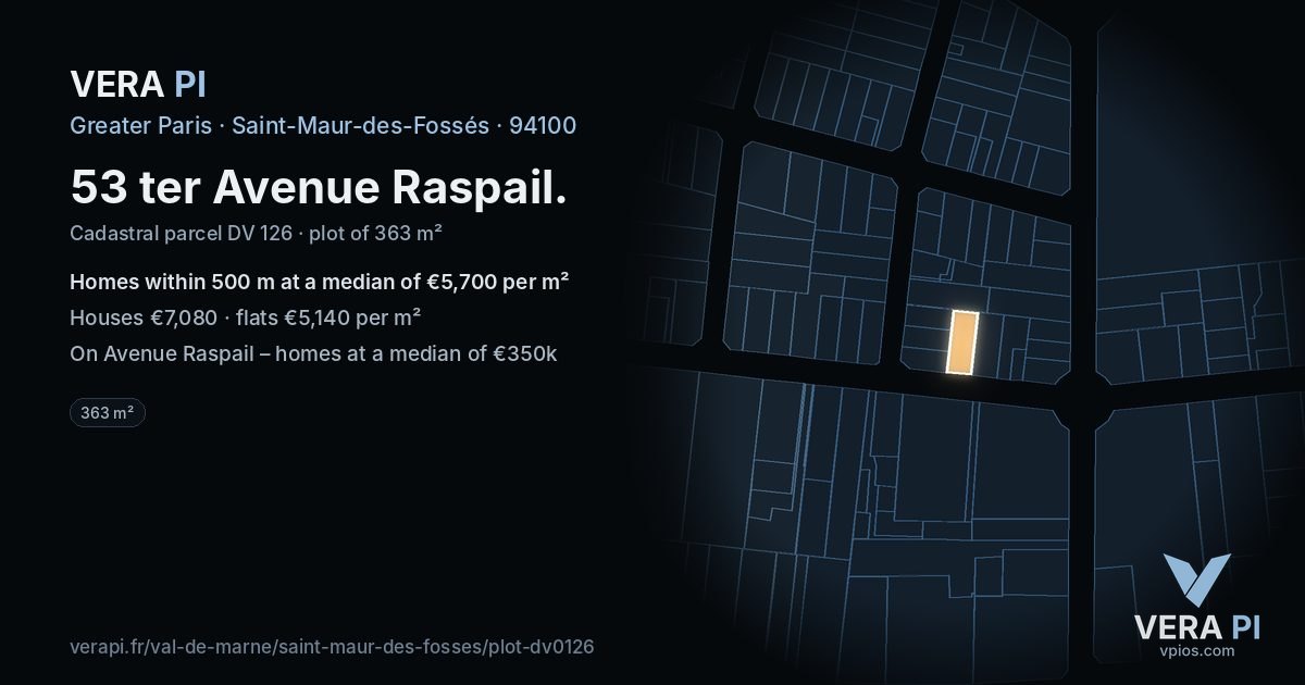 53 ter Avenue Raspail, Saint-Maur-des-Fossés at night – the plot lit, the parcels around coloured by the prices near them